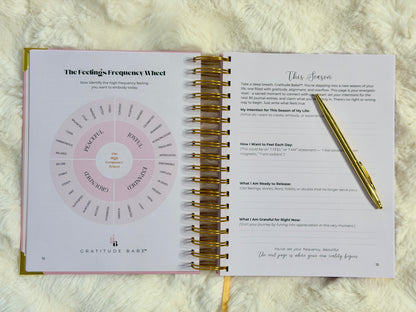 Open spiral-bound book with a feelings frequency wheel and pen on a textured surface