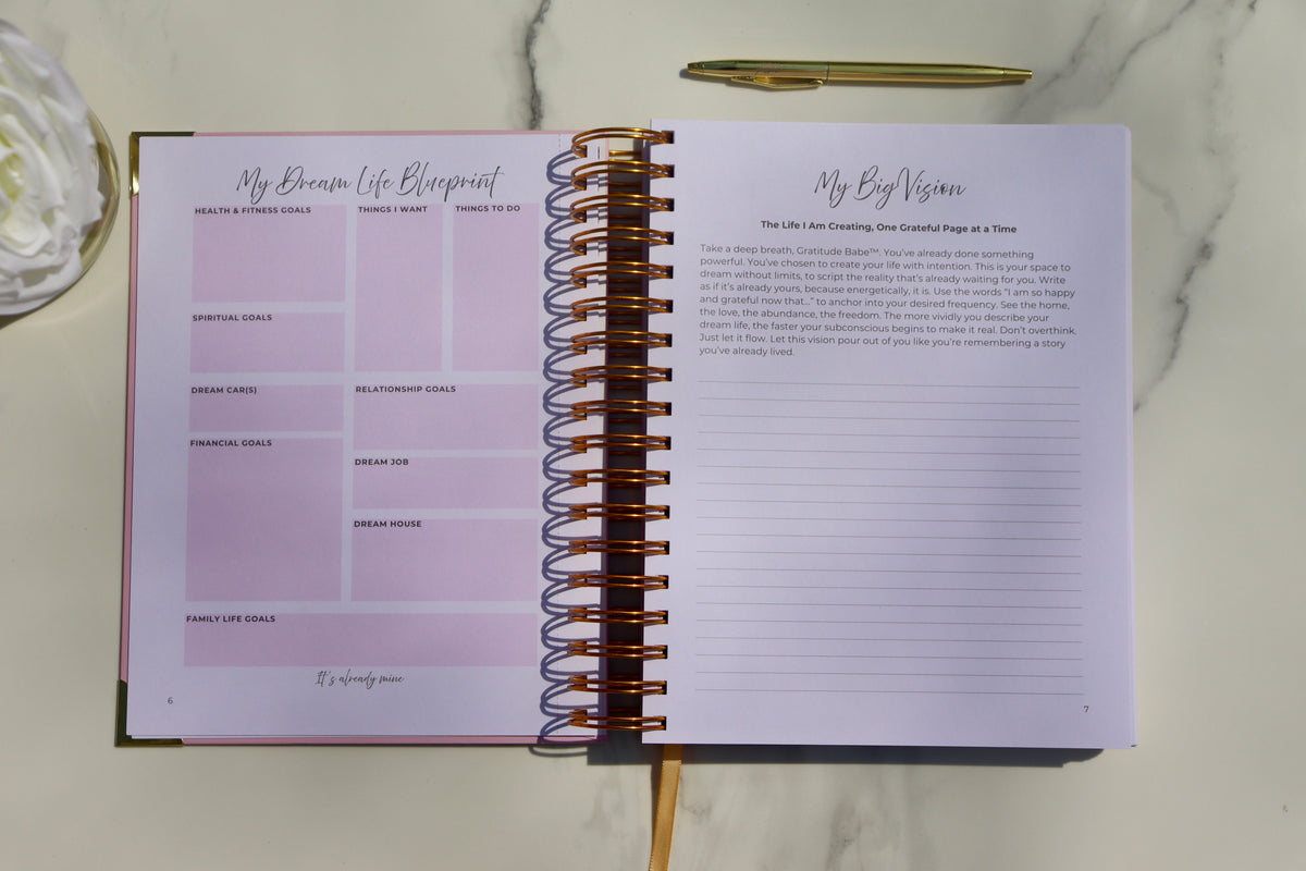 Open Gratitude is Yummy Journal with vision board page and gold spiral binding for manifestation and subconscious mind rewiring