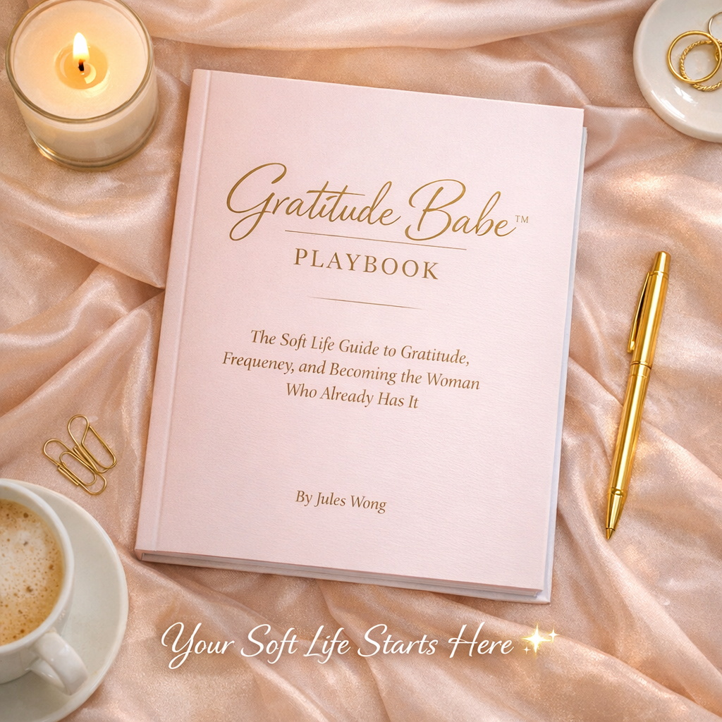 Gratitude Babe Playbook on a soft fabric background with a candle, pen, and coffee cup.