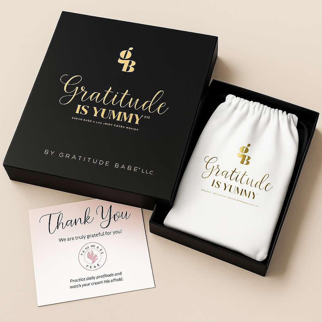 Black box with 'Gratitude is Yummy' product, white drawstring bag, and 'Thank You' card on a beige background.